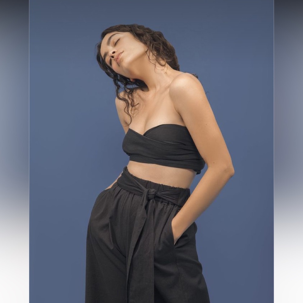 Par En Par Black Cotton Tie Waist Culottes Wide Leg Pants